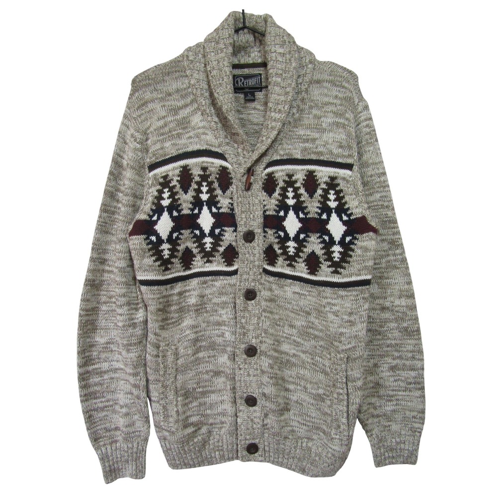 Retrofit Cardigan Sweater Mens Large Beige Aztec Shawl Neck Button Front Good